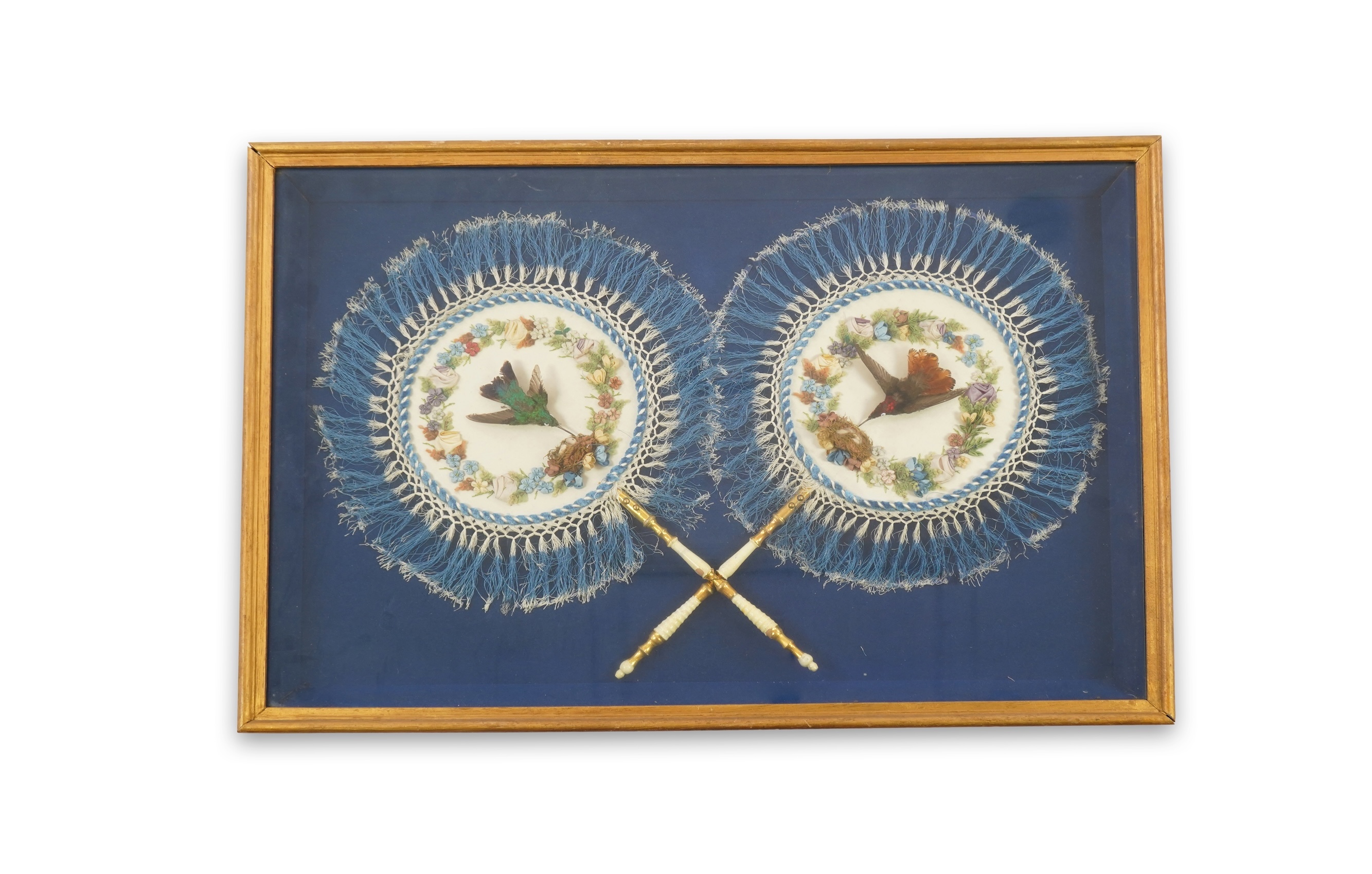 A pair of framed exotic Regency taxidermy hummingbird face fans